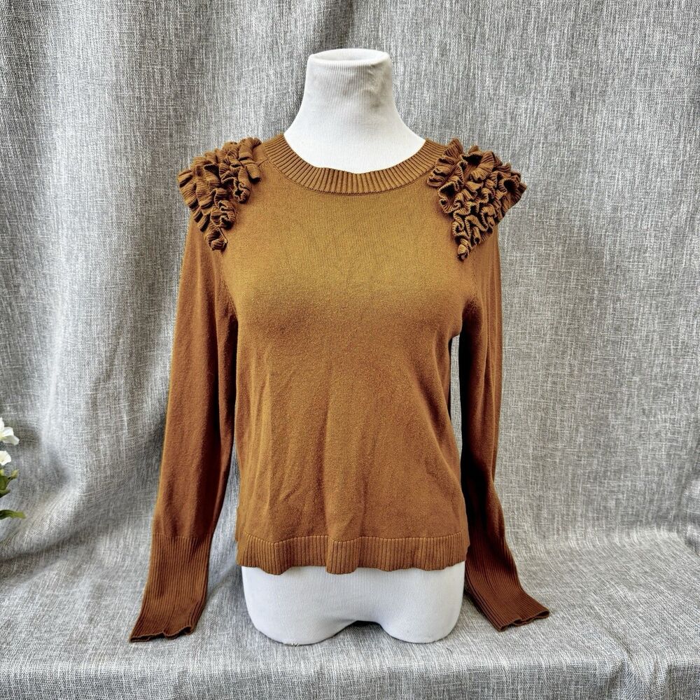 Democracy Womens Sweater S fall Brown Ruffle Shoulder Knit Long Sleeve Pullover